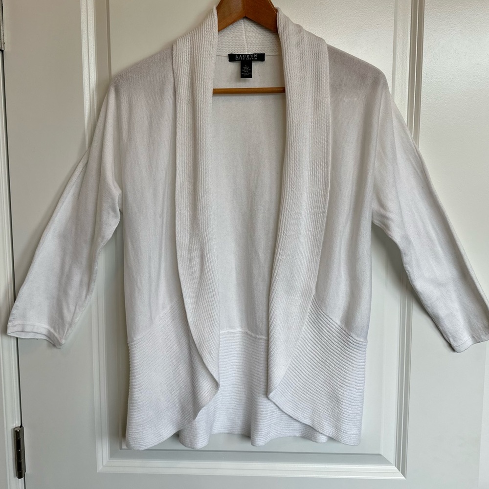 Lauren Ralph Lauren Women's Cardigan sz Large White Shawl Collar Open 3/4 Sleeve